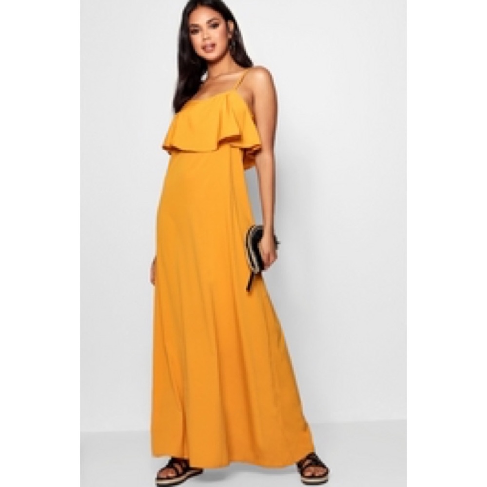 Boohoo🌻 NWT Mustard ruffle Maxi Dress size 16